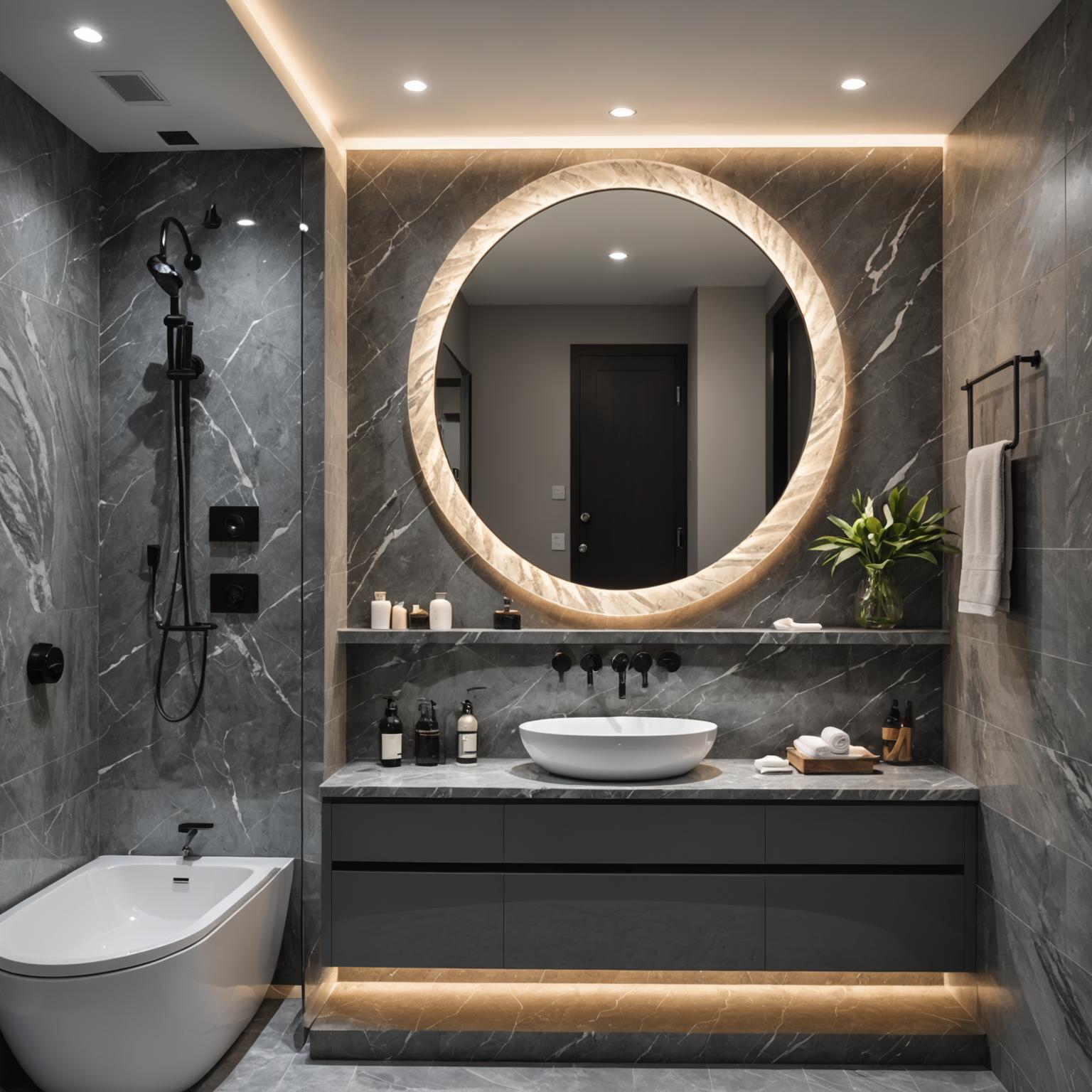 Modern bathroom with rain shower, feature wall tiles and floating vanity