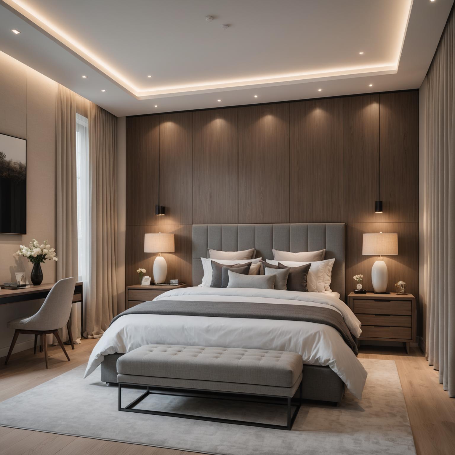 Spacious master bedroom with built-in wardrobe, upholstered headboard and warm ambient lighting