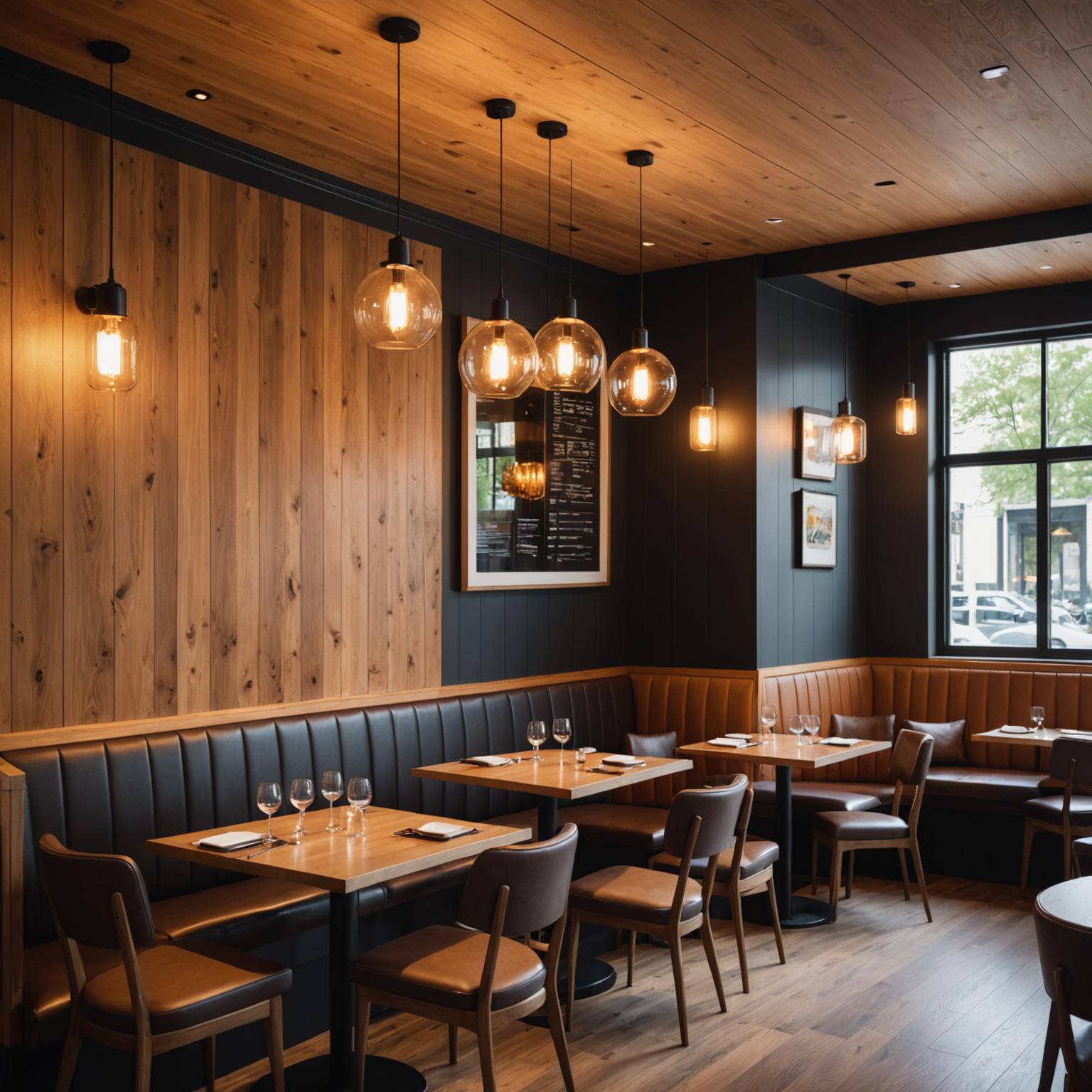 Contemporary restaurant interior with warm pendant lighting and timber accents