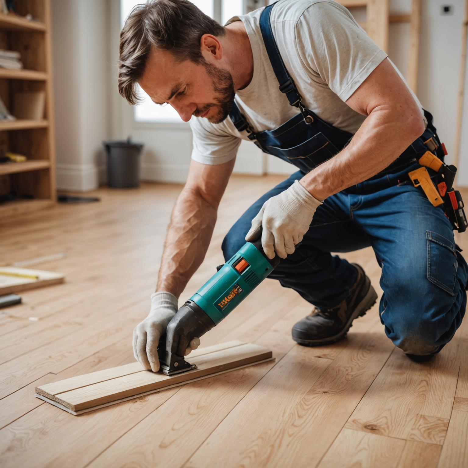 Installer fitting tongue-and-groove engineered hardwood planks in a renovated living room
