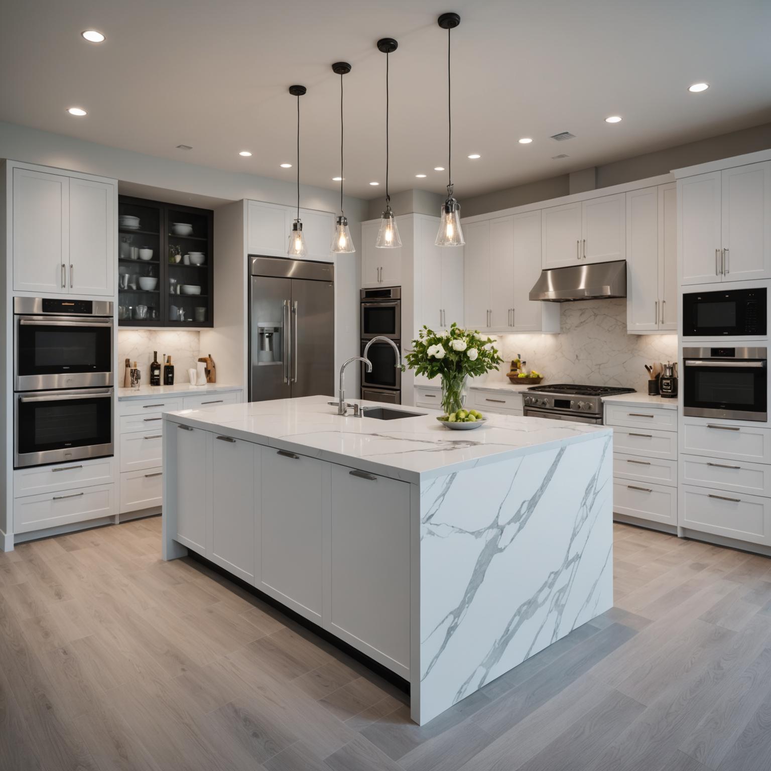 Contemporary kitchen with island counter, quartz worktops and integrated appliances