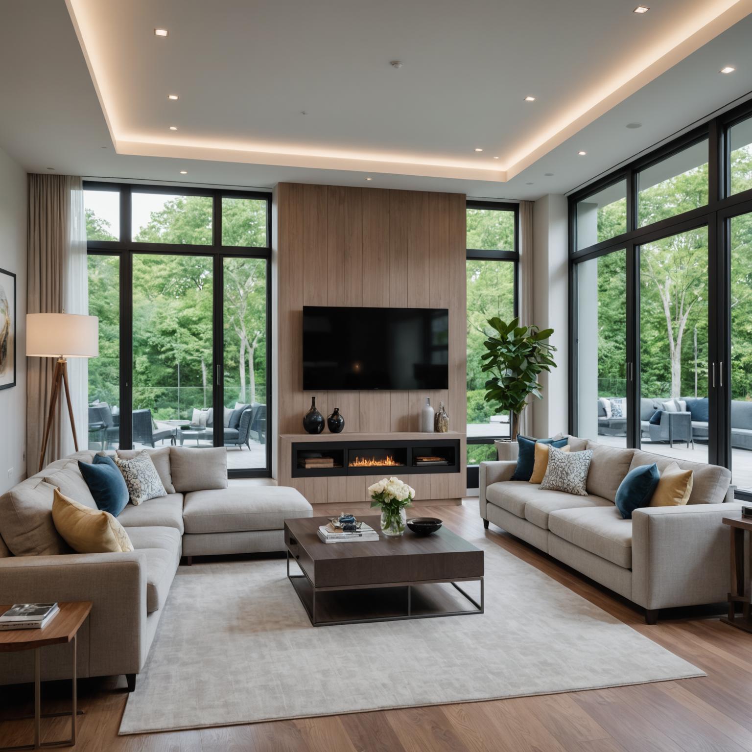 Contemporary open-plan living area with feature lighting and built-in entertainment unit