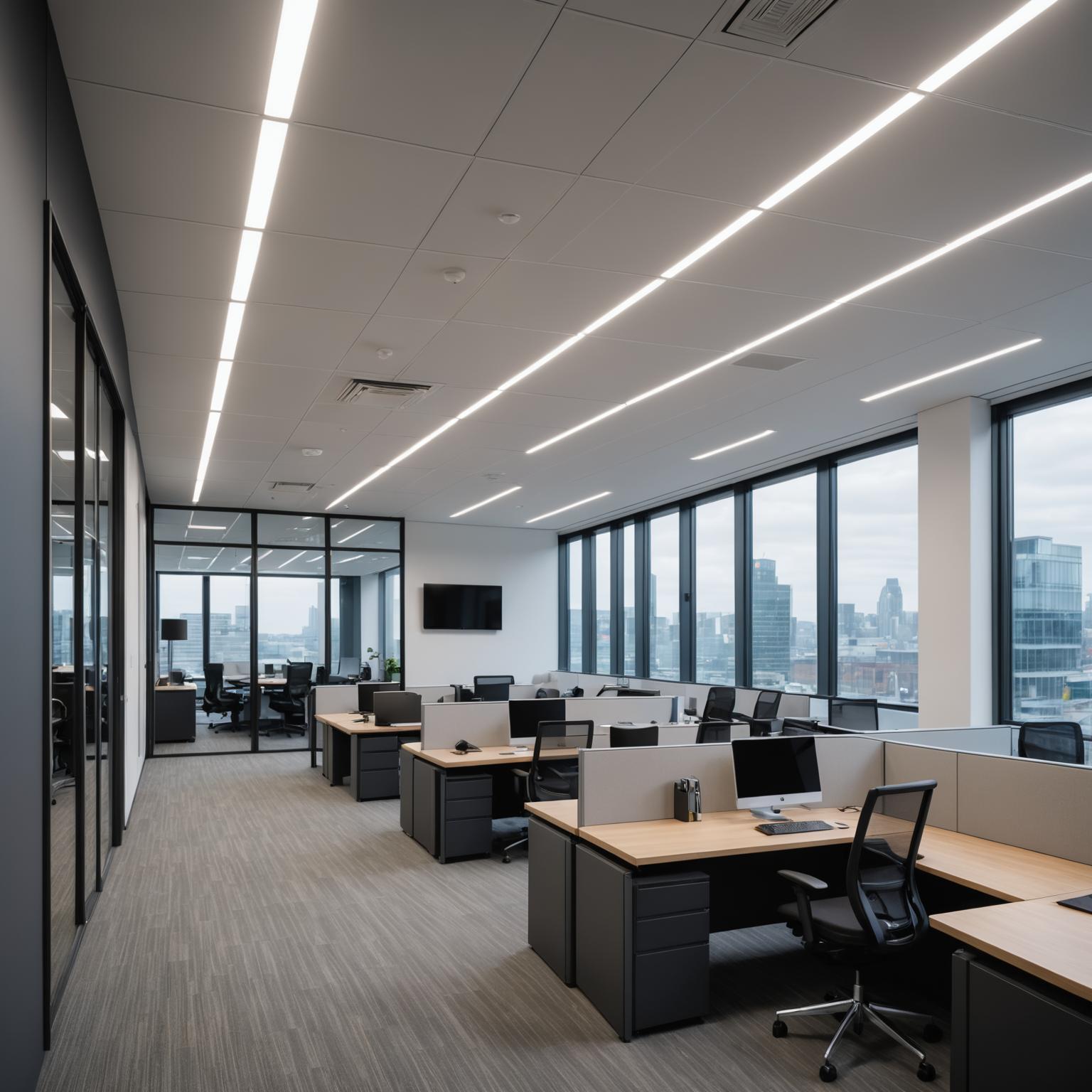 Completed office fit-out with ergonomic workstations and glass partitions
