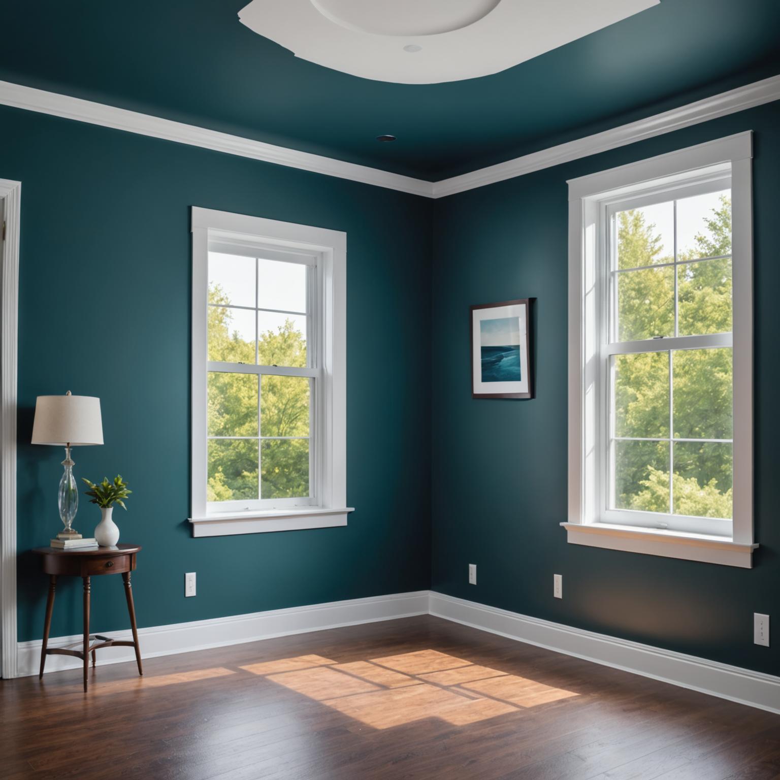 Freshly painted living room with a deep teal accent wall and crisp white ceiling
