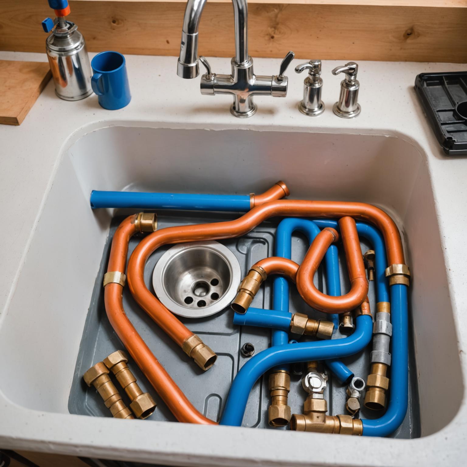 Plumber installing new PPR pipes beneath a kitchen sink during a renovation