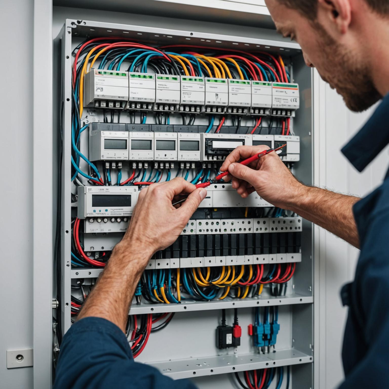 Electrician connecting wiring inside a new consumer unit during a home renovation