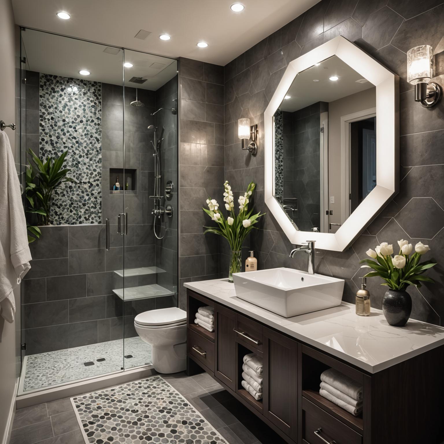 Elegant bathroom with walk-in shower and feature tiles