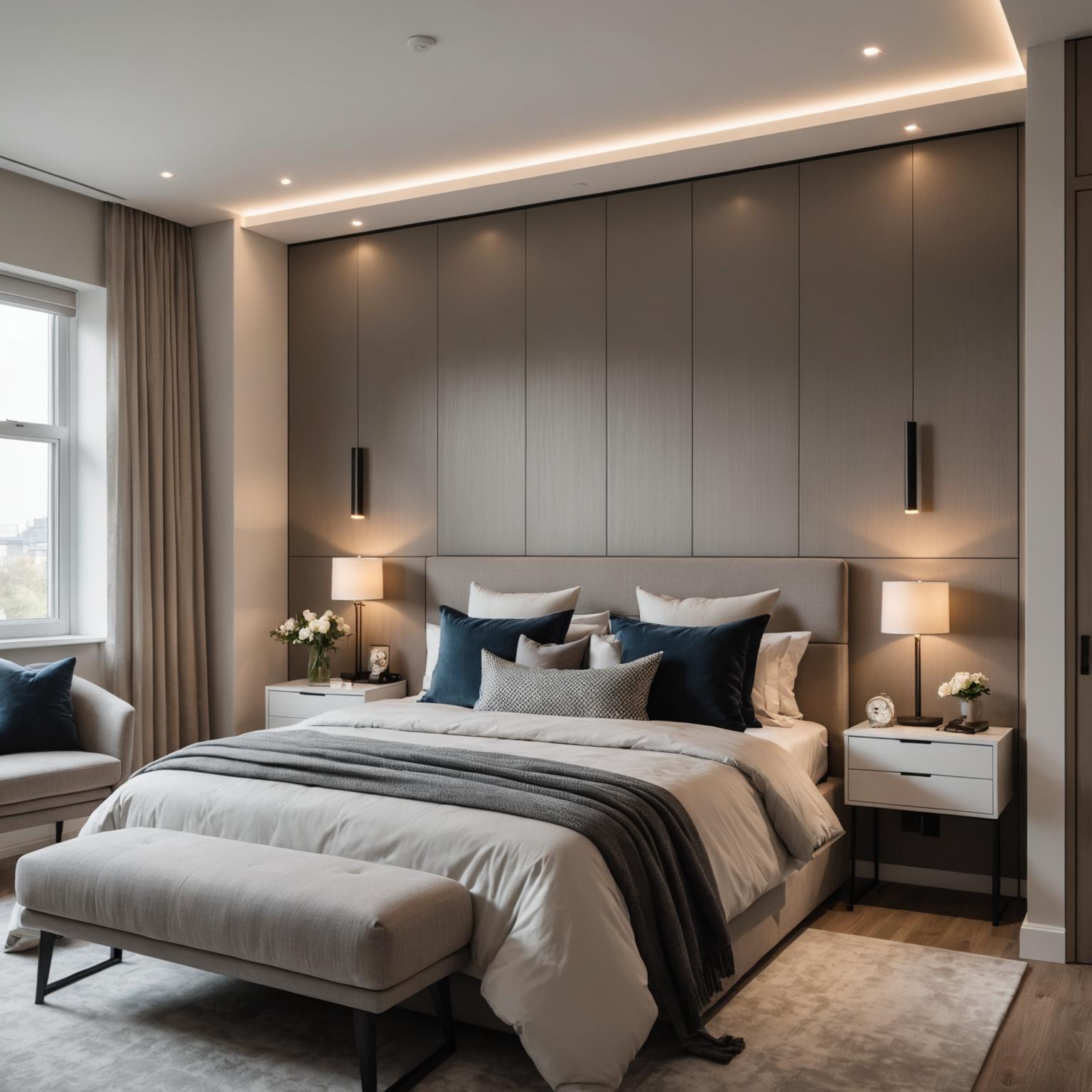 Stylish bedroom with built-in wardrobe and ambient lighting