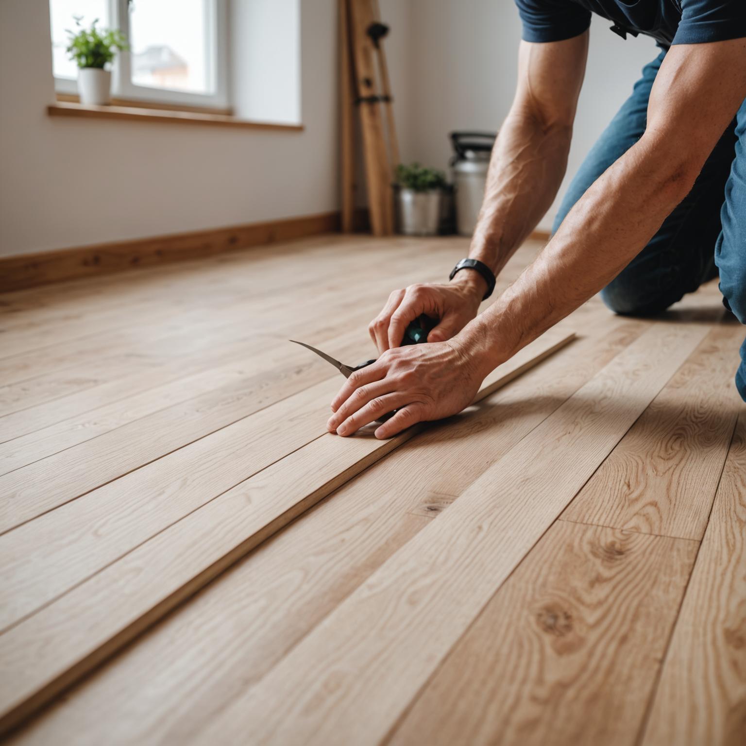 Installer laying engineered hardwood flooring in a living area