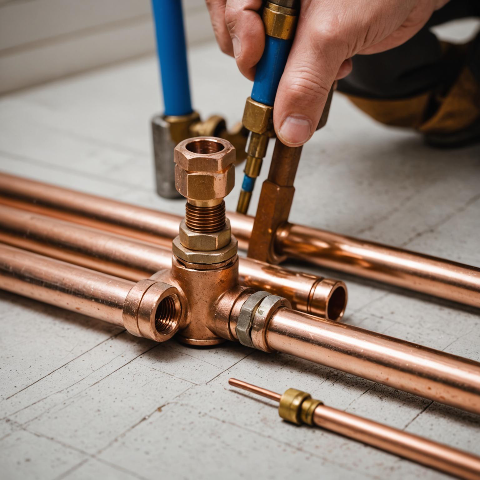 Plumber fitting copper pipes during a bathroom renovation